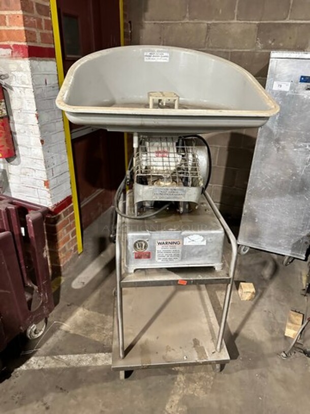 Hollymatic Commercial Food Portioning/ Patty Former Machine! On Equipment Stand! With Underneath Storage Space! All Stainless Steel! On Casters! Model: 54 SN: 58666 115V 60HZ 1 Phase