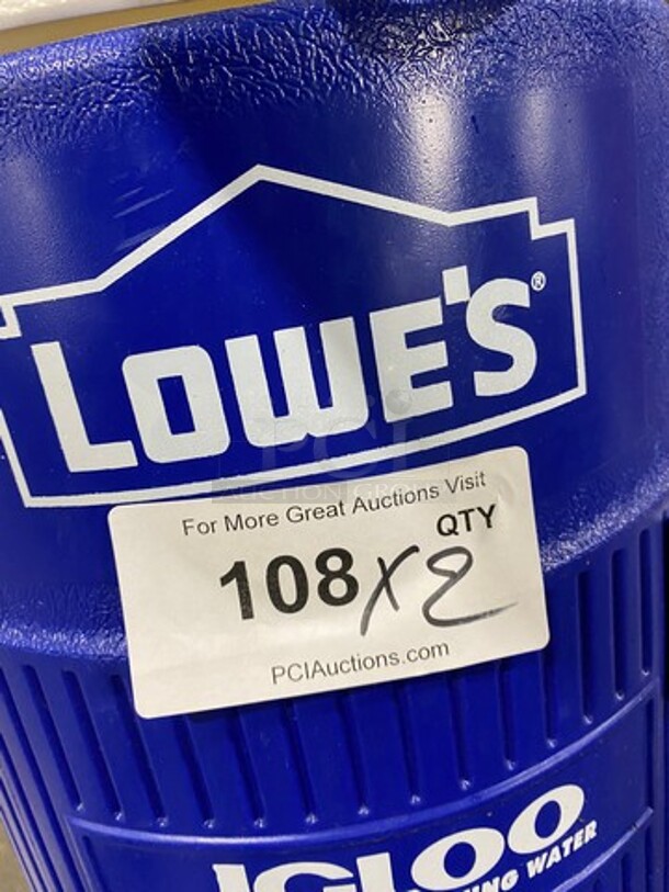 Lowes Blue And White Poly Portable Water Cooler! With Side Handles! With Lids! 2x Your Bid! - Image 4 of 5