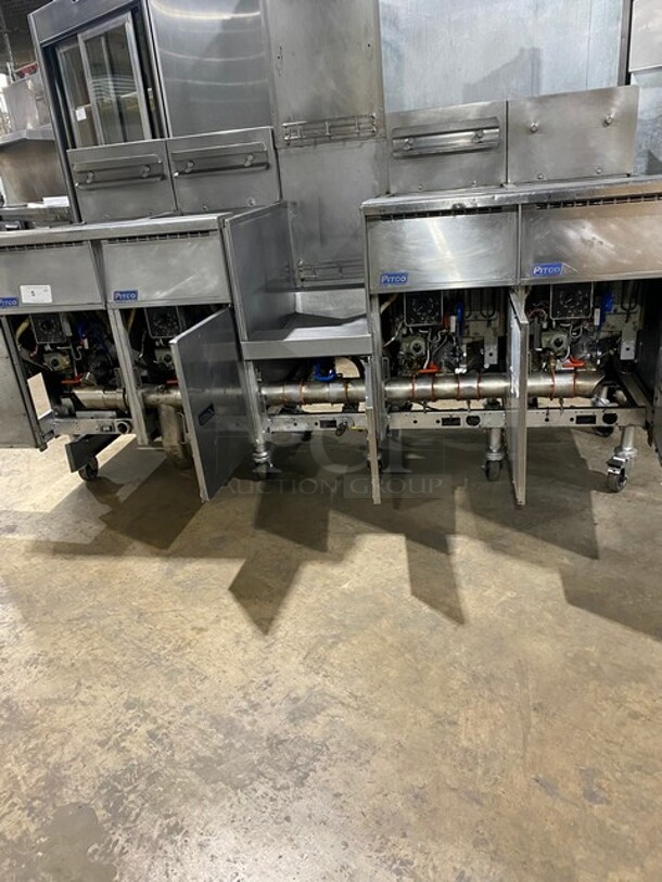 FAB! Pitco Frialator Commercial Natural Gas Powered 4 Bay Deep Fat Fryer! With Middle Fryer Basket Rack! With Oil Filter System! All Stainless Steel! On Casters! Model: SGH50 SN: G10DA010387 - Image 4 of 12