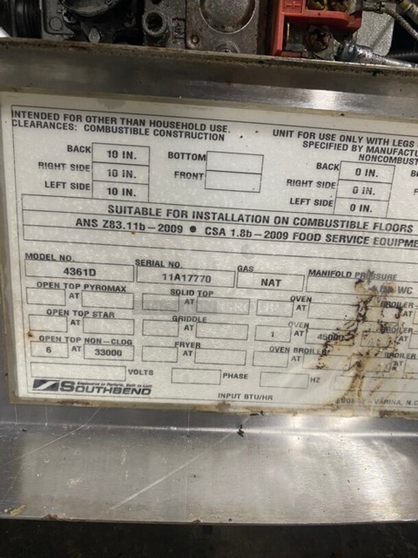 GREAT! Southbend Commercial Natural Gas Powered 6 Burner Stove! With full Sized Oven Underneath! With Backsplash & Overhead Salamander Shelf! All Stainless Steel! With Metal Oven Racks! On Legs! Model: 4361D SN: 11A17770! - Image 10 of 10