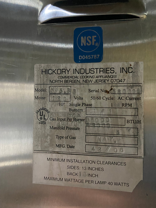 Hickory Commercial Natural Gas Powered Rotisserie Oven! With 2 View Through Doors! All Stainless Steel! On Casters! Model: N/5.8G SN: 58009  - Image 7 of 9