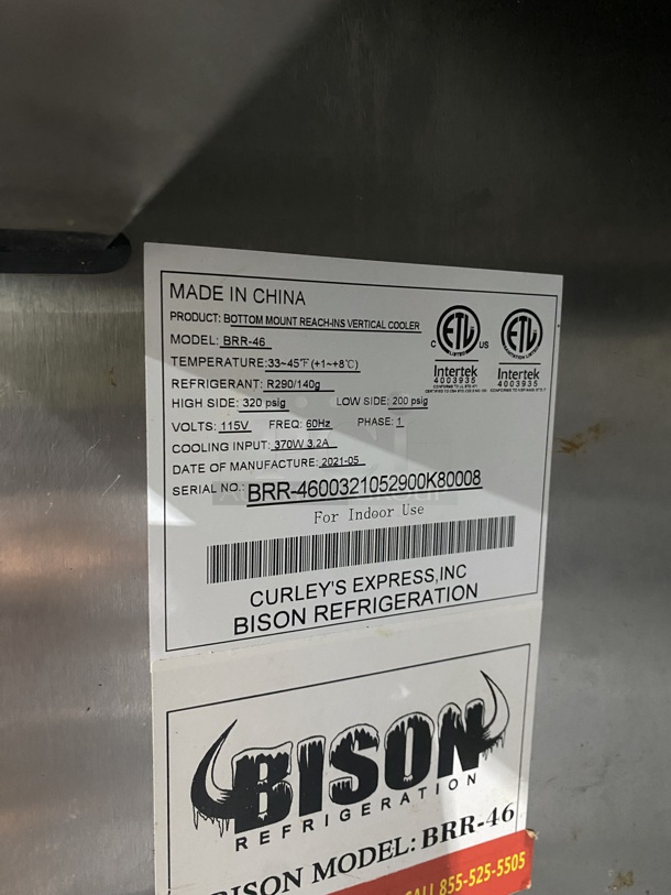  LATE MODEL! 2021 Bison All Stainless Stell Commercial  Double Door Reach In Cooler! On Commercial Casters! Working When Removed! MODEL: BRR-46 SN: BRR-4600321052900K8008 1PH! - Image 7 of 8