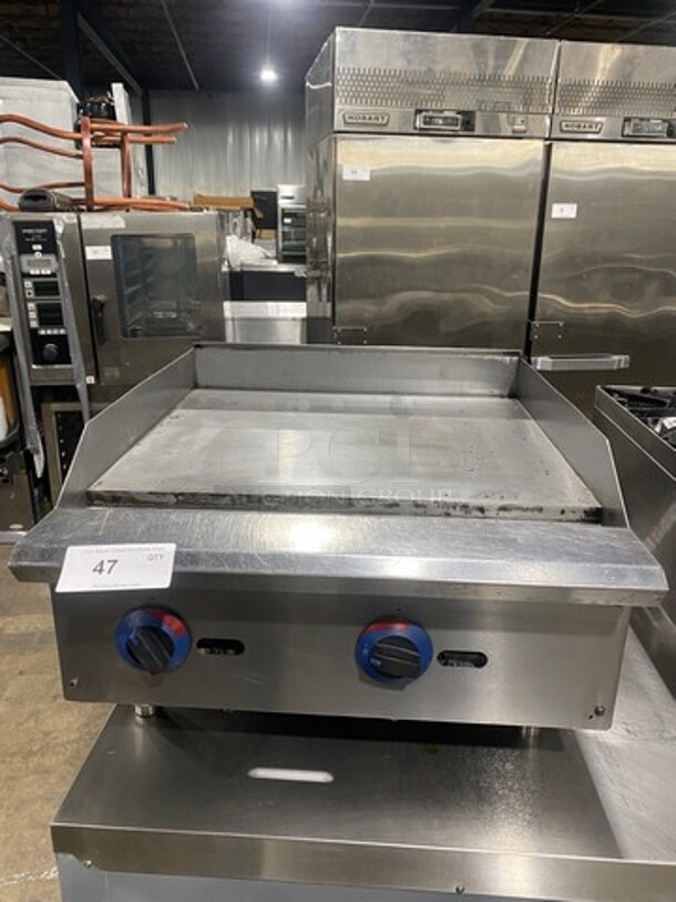 Commercial Countertop Natural Gas Powered Flat Top Griddle! With Back And Side Splashes! All Stainless Steel! On Small Legs! - Image 1 of 7