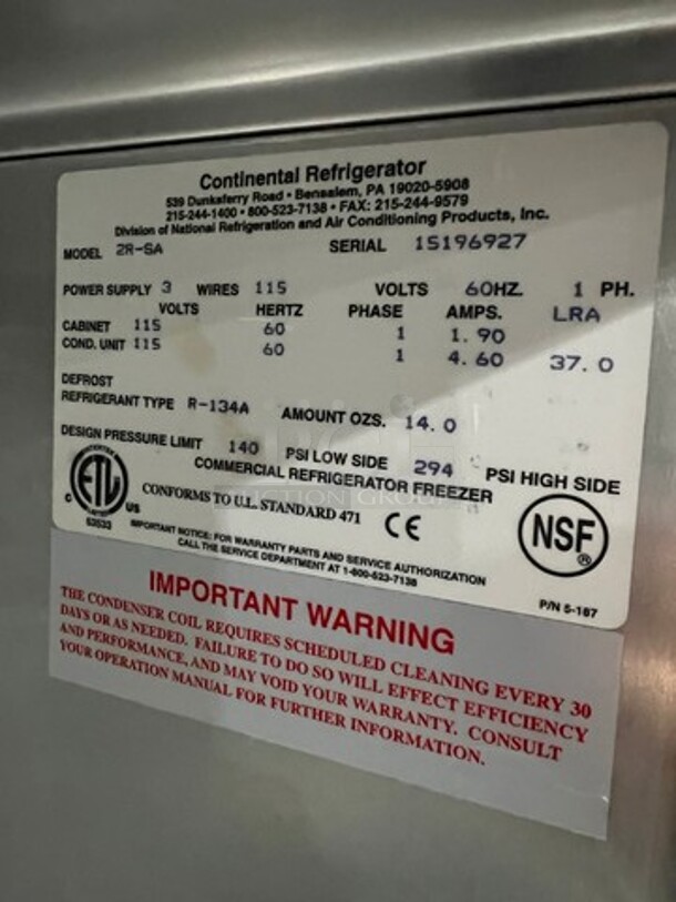 Continental Commercial 2 Door Reach In Cooler! With Poly Coated Racks! All Stainless Steel! On Casters! Model: 2RSA SN: 15196927 115V 60HZ 1 Phase - Image 11 of 12