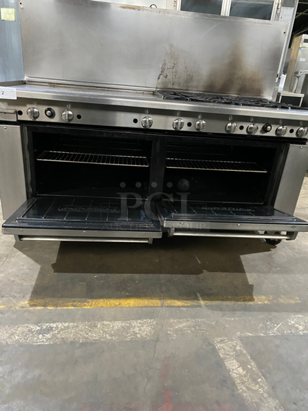 Sweet! Imperial Commercial Natural Gas Powered 6 Burner Stove With Left Side Flat Top Griddle! 2 Full Size Ovens Underneath! With Metal Oven Racks! Left Side Splash And Raised Back Splash!  All Stainless Steel! On Casters! - Image 8 of 11