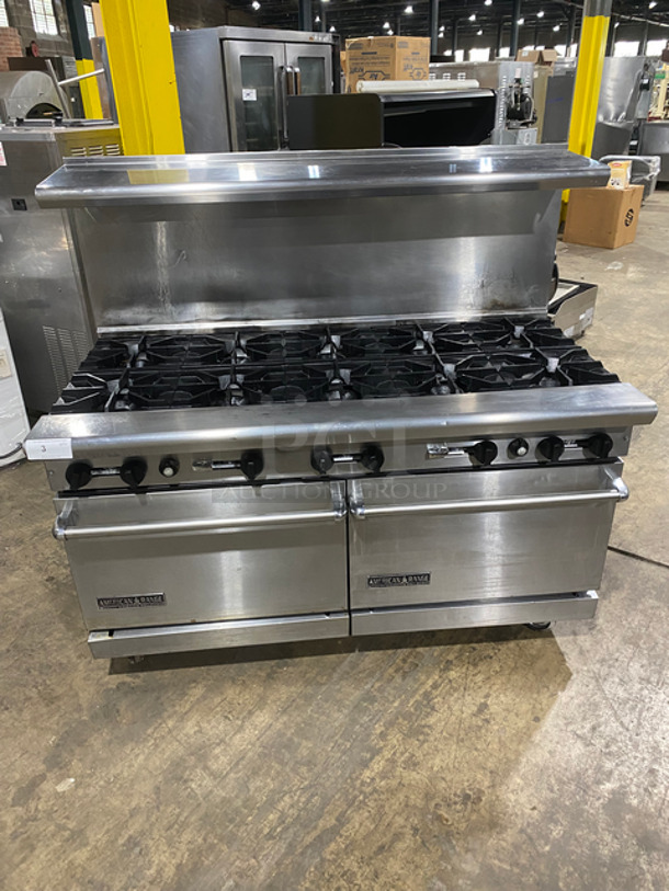 FABULOUS! American Range Commercial Natural Gas Powered 10 Burner Stove! With Raised Back Splash And Salamander Shelf! With 2 Full Size Oven Underneath! Metal Oven Racks! All Stainless Steel! On Casters!