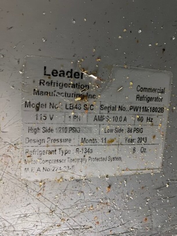 Leader Commercial Refrigerated 2 Door Lowboy! With Poly Coated Rack! All Stainless Steel! On Casters! Model: LB48SC SN: PW11M1802B 115V 60HZ 1 Phase - Image 7 of 11