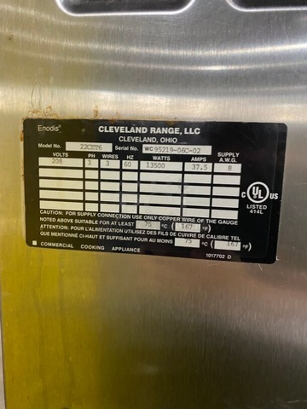 Cleveland Commercial Electric Powered Single Compartment Steam Cooker Cabinet! All Stainless Steel! On Legs! Model: 22CET6 SN: WC9521906C02 208V 60HZ 3 Phase - Image 9 of 10