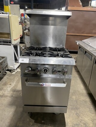 Nice! Ikon All Stainless Steel Natural Gas Powered 4 Burner Oven/Range With Raised BackSplash! With Oven Underneath! On Commercial Casters! Working When Removed!