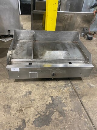Woodstone Commercial Countertop Natural Gas Powered 48 Inch Flat Griddle! With Split Top! With Back & Side Splashes! All Stainless Steel! On Legs!