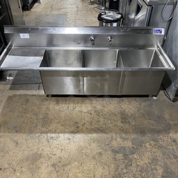 L & J Commercial 3 Compartment Dish Washing Sink! With Single Side Drain Board! With Back Splash! With Jet Assembly Spray! All Stainless Steel! - Image 1 of 10