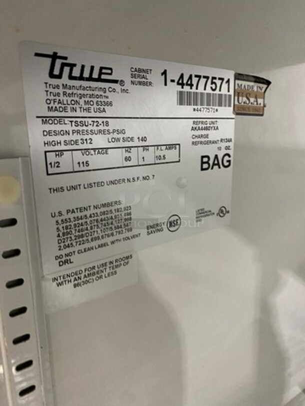 True Commercial Refrigerated Sandwich Prep Table! With 3 Door Storage Space Underneath! Poly Coated Racks! All Stainless Steel! On Casters! Model: TSSU7218 SN: 14477571 115V 60HZ 1 Phase - Image 8 of 9