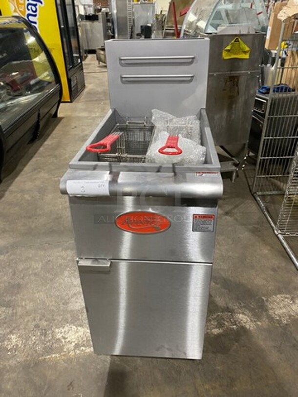 NEW! OUT OF THE BOX! LATE MODEL! 2021 Avantco Commercial Natural Gas Powered Deep Fat Fryer! With 2 Metal Frying Baskets! With Back Splash! All Stainless Steel! On Legs! Model: FF300N SN: 21040637VA