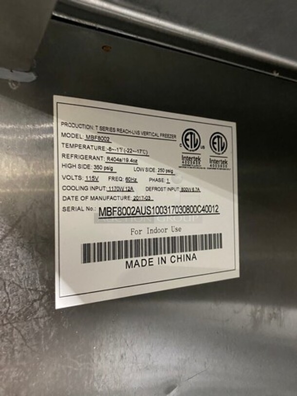 WOW! Late Model 2017! Atosa Commercial 2 Door Reach In Freezer! With Poly Coated Racks! All Stainless Steel! On Casters! Model: MBF8002 SN: MBF8002AUS100317030800C40012 115V 60HZ 1 Phase! Working When Removed! - Image 7 of 9