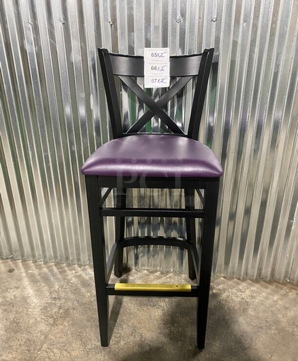 WOW! New! Solid Beech Wood Cross Back Commercial Bar Stool! With Purple Vinyl Seat! 2x Your Bid!