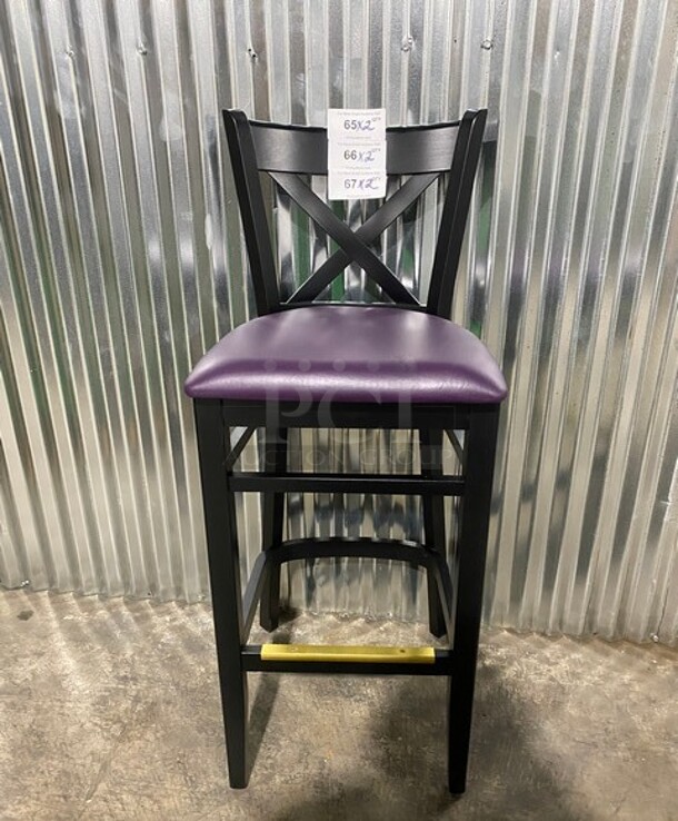 WOW! New! Solid Beech Wood Cross Back Commercial Bar Stool! With Purple Vinyl Seat! 2x Your Bid! - Image 1 of 7