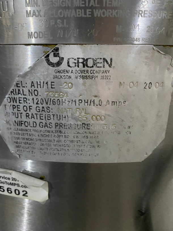 Groen Commercial Natural Gas Powered Jacketed Soup Kettle! All Stainless Steel! On Legs! Model: AH1E20 SN: 73564 120V 60HZ 1 Phase - Image 9 of 12