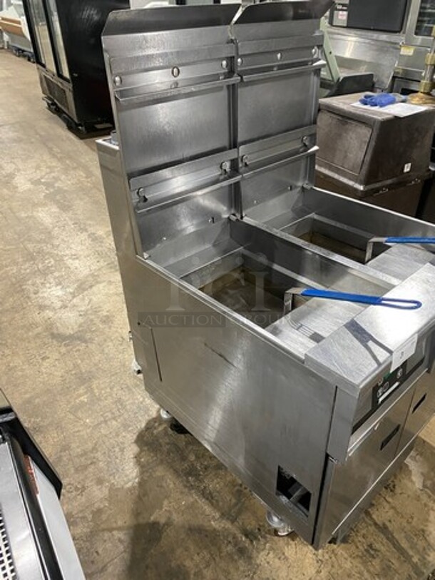DON'T MISS OUT! AMAZING! Pitco Frialator Stainless Steel Commercial Natural Gas Powered 2 Bay Deep Fat Fryer w/2 Metal Fry Baskets! Oil filter System. On Commercial Casters! MODEL SSH55 Serial G18CE021564.  - Image 2 of 10
