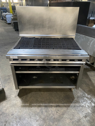 WOW! Jade Range Natural Gas Powered Char Broiler Grill! With Underneath Shelf Storage! With Raised Back Splash! All Stainless Steel! On Casters!