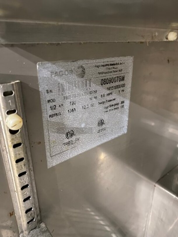 Fagor Commercial Refrigerated Sandwich Prep Table! With 3 Door Storage Space Underneath! Poly Coated Racks! All Stainless Steel! On Casters! Model: FMT7230 SN: 08090076M 120V 60HZ 1 Phase - Image 7 of 8