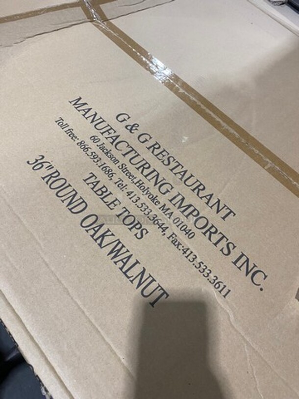 IN THE BOX! G & G Commercial 36" Round Oak/ Walnut Tabletops! With Metal Base! EACH LOT MAY HAVE DIFFERENT STYLE METAL BASE! EACH BOX HAS 2 TABLETOPS! 1 BOX PER LOT NUMBER! 2x Your Bid! - Image 2 of 6