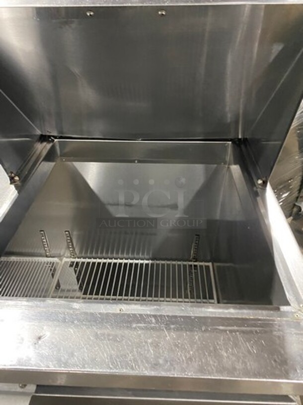 Leader Commercial Refrigerated Sandwich Prep Table! With Back Splash! With 3 Door Storage Space Underneath! Poly Coated Racks! All Stainless Steel! On Casters! Model: LM72S/C SN: PR010562 115V 60HZ 1 Phase - Image 7 of 10