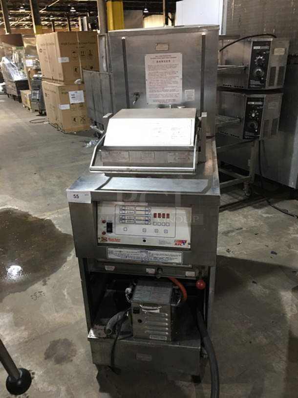 GREAT! Henny Penny Electric Powered KFC EDITION Pressure Fryer! With Oil Filter System! With Auto Lift Tray Holder! All Stainless Steel! On Commercial Casters!
