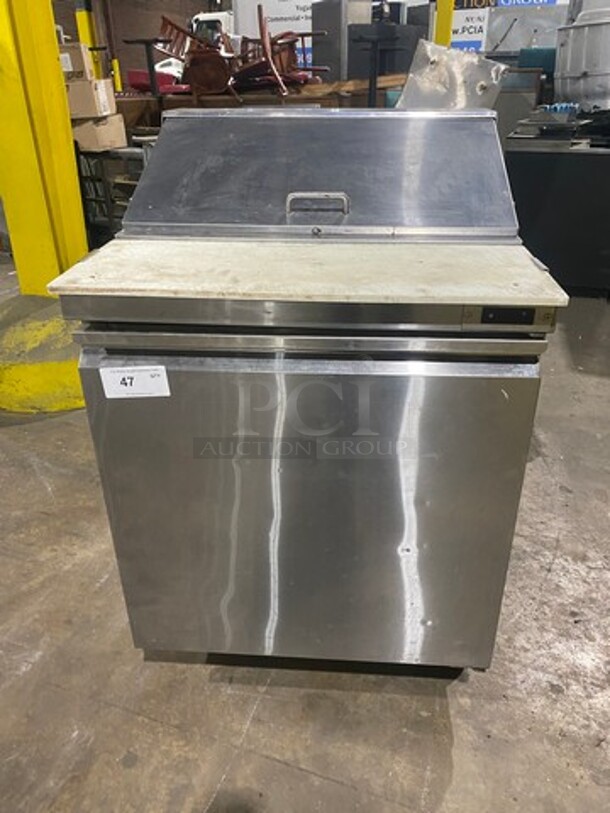 Adcraft Commercial Refrigerated Sandwich Prep Table! With Commercial Cutting Board! Single Door Storage Space Underneath! All Stainless Steel! On Casters! Model: SL1D SN: 6371420414100605