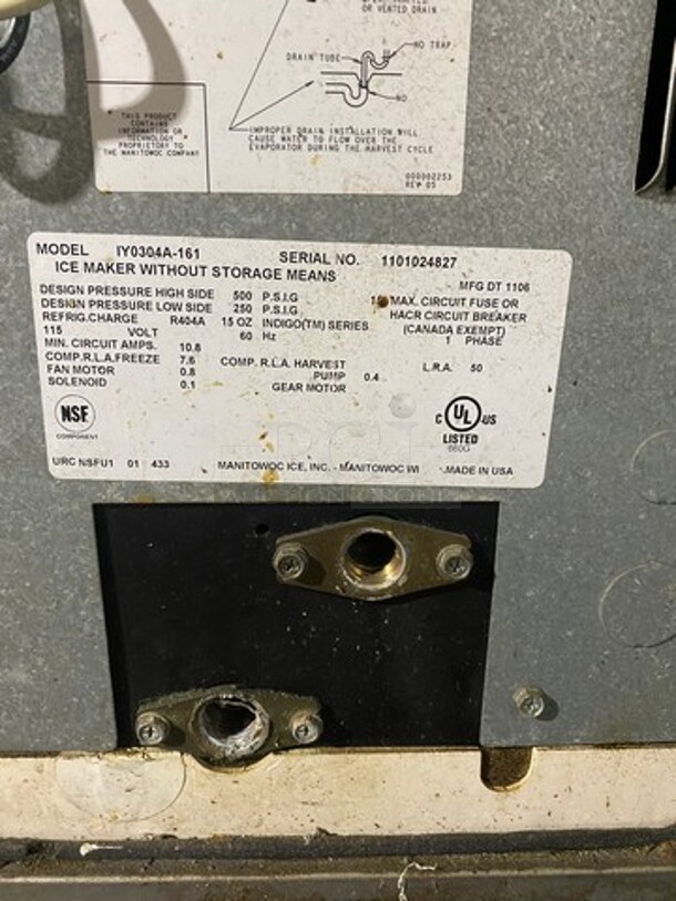 Manitowoc Commercial Ice Maker Machine! With Commercial Ice Bin! All Stainless Steel! Model: IY0304A161 SN: 1101024827 115V 60HZ 1 Phase - Image 6 of 9