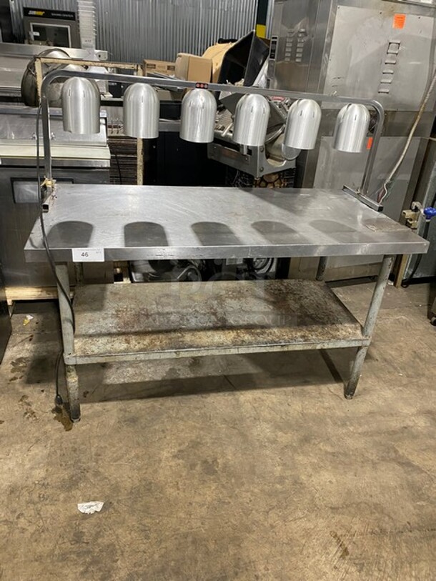 AMAZING! All Stainless Steel Commercial Work/Prep Table! With 6 Food Warming Lamps Underneath! With Can Opener Attachment! With Underneath Storage Space! On Legs! - Image 1 of 9