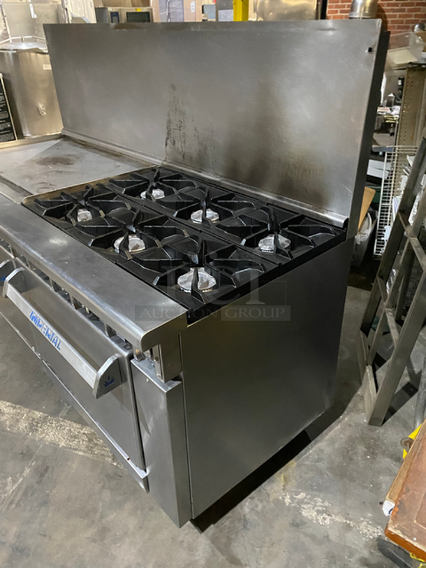 SWEET! Imperial Commercial Natural Gas Powered 6 Burner Stove With Left Side Flat Top Griddle! 2 Full Size Ovens Underneath! With Metal Oven Racks! Left Side Splash And Raised Back Splash! All Stainless Steel! On Casters! - Image 2 of 11