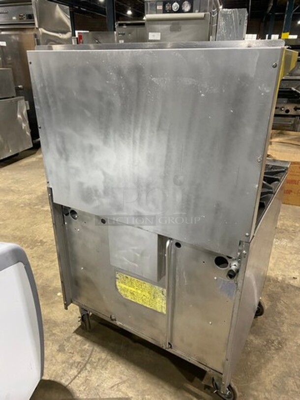 Sunfire Commercial Natural Gas Powered 6 Burner Stove! With Raised Back Splash And Salamander Shelf! With Oven Underneath! All Stainless Steel! On Casters! Working When Removed!  - Image 3 of 10