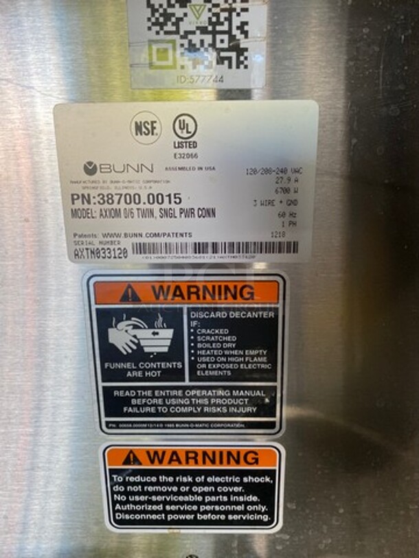 Bunn Commercial Countertop Coffee Brewing Machine! With 6 Pot Warmers! With Hot Water Dispenser! All Stainless Steel! Model AXIOM0/6TWIN Serial AXTN033120! 120/208-240V 1Phase! On Legs!  - Image 3 of 6