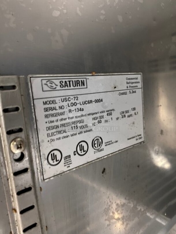 Saturn Commercial 3 Door Refrigerated Lowboy/Worktop Cooler! With Poly Coated Racks! All Stainless Steel! On Casters! WORKING WHEN REMOVED! Model: USC72 SN: LOOLUC6R0004 115V 60HZ 1 Phase - Image 7 of 8