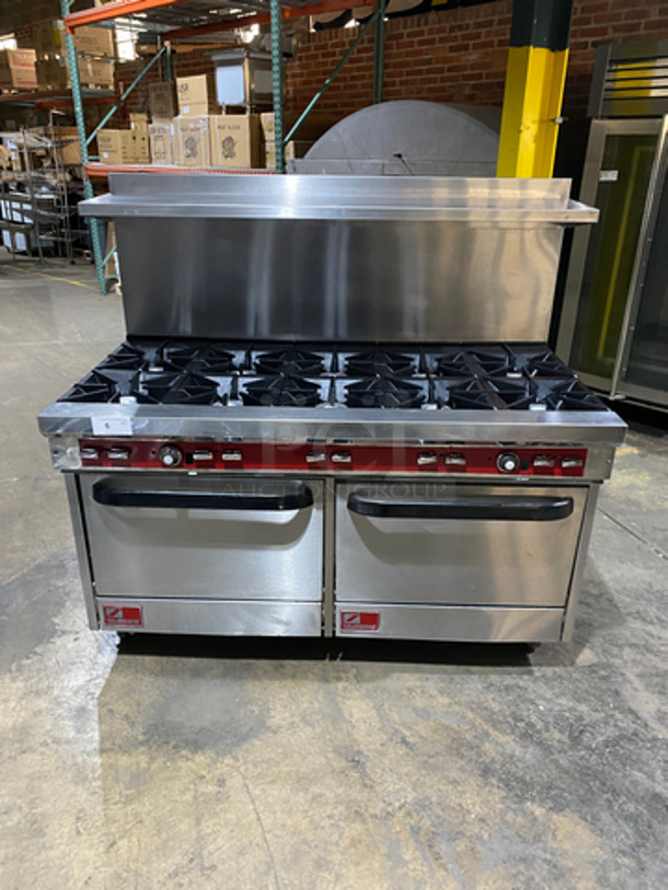 MUST HAVE! Southbend Commercial Natural Gas Powered 10 Burner Stove! With 2 Full Size Ovens Underneath! With Backsplash & Overhead Salamander Shelf! All Stainless Steel! On Casters!