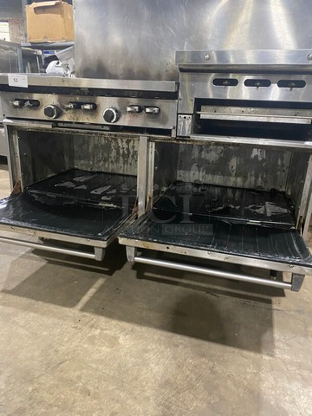 SUNFIRE Stainless Steel Commercial Natural Gas Powered 6 Burner Range W/ Raised Right Side Flat Top Griddle & Cheese Melter! With Raised Backsplash And 2 Full Size Ovens! On Legs!  - Image 8 of 9