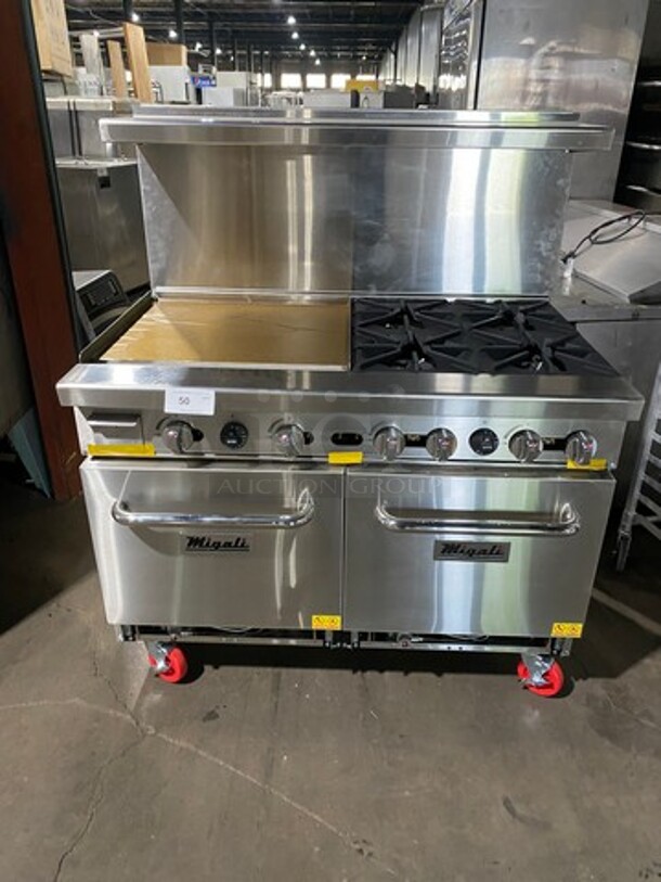AWESOME! NEW! Migali Commercial Natural Gas Powered 4 Burner Stove With Flat Griddle! Flat Griddle Has Side Splashes! With Raised Back Splash And Salamander Shelf! With 2 Oven Underneath! Metal Oven Racks! All Stainless Steel! On Casters! Model: CRO424GLNG SN: NGUSB100321071000920017 - Image 1 of 12