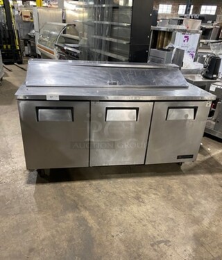 True Commercial Refrigerated Sandwich Prep Table! With 3 Door Storage Space Underneath! All Stainless Steel! On Casters! Model: TSSU7218 SN: 8807100 115V 60HZ 1 Phase