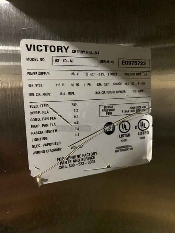 Victory Commercial Single Door Reach In Cooler! All Stainless Steel! On Legs! MODEL RS1DS7 SN: E0975722 115V 1PH - Image 7 of 9