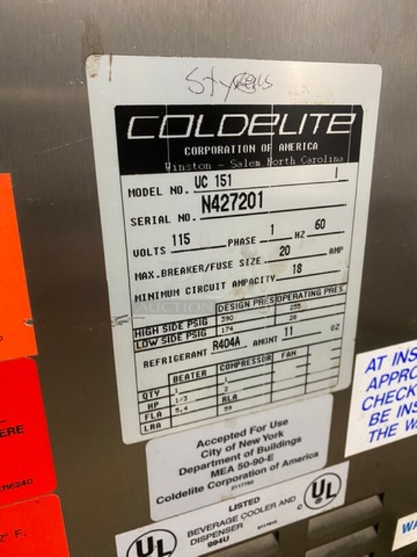Coldelite Commercial Countertop Slushie/ Frozen Beverage Dispenser! Model: UC151 SN: N427201 115V 60HZ 1 Phase - Image 8 of 9