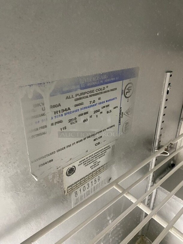 Beverage Air Stainless Steel 2 Door Low Boy Work Top Cooler! On Casters!  MODEL R134A 115V 1PH  - Image 7 of 8