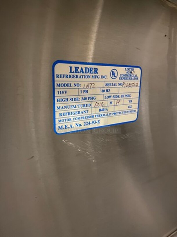 Leader Commercial 3 Door Under The Counter/ Work Top Cooler! With Poly Coated Racks! All Stainless Steel! On Legs! Model: LB72 SN: P1080724 115V 60HZ 1 Phase - Image 7 of 8