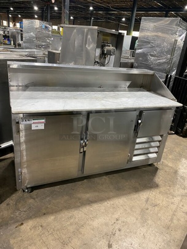 Bari Commercial Refrigerated Pizza Prep Table! With Marble Top! With 3 Door Storage Space Underneath! All Stainless Steel! On Casters!