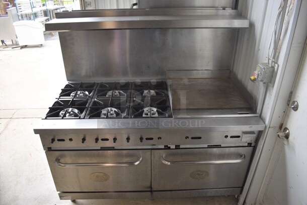 CPG Stainless Steel Commercial Natural Gas Powered 6 Burner Range w/ Flat Top Griddle, 2 Ovens, Back Splash and Over Shelf. 60x33x60