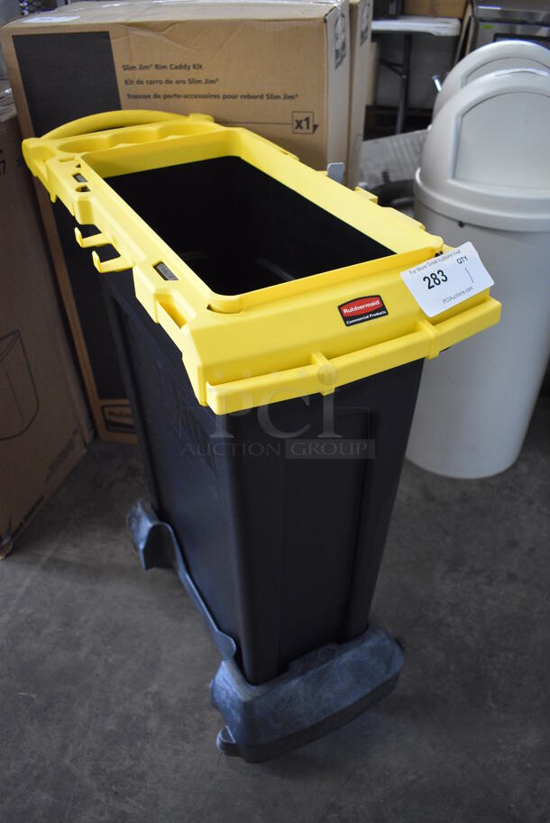 BRAND NEW! Rubbermaid Black and Yellow Poly Slim Jim Caddy Kit on Casters. 33x13x35
