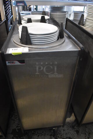 APW Wyott ML2-9-5P Stainless Steel Commercial 2 Well Plate Dispenser w/ 9" Plates on Commercial Casters. 15.5x30.5x45