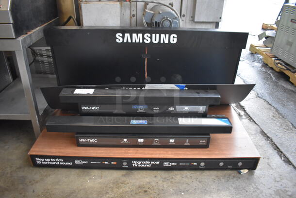 Wood Pattern Samsung Display Stand w. 2 Samsung Sound Bars; HW-T45C and HW-T60C. 48x22x25
