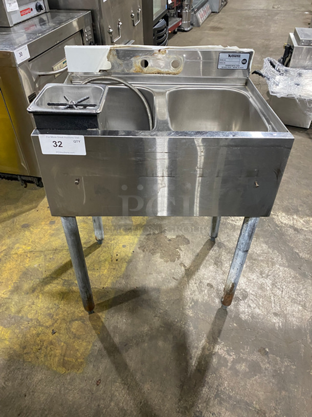 Krowne Commercial Undercounter 2 Bay Bar Sink! With Back Splash! With Automatic Glass Cup Washer/ Pitcher Rinser! All Stainless Steel! On Legs!