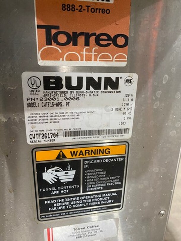 Bunn Commercial Countertop Coffee Brewing Machine! With Hot Water Dispenser! All Stainless Steel! Model CWTF15-APS Serial CWTF261704! 120V 1Phase! - Image 7 of 9