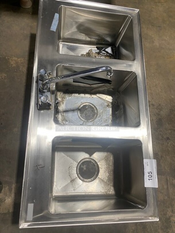 Commercial 3 Compartment Dish Washing Drop In Sink! With Faucet And Handles! All Stainless Steel! - Image 5 of 8